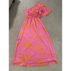 Sugarlips Orange And Pink Floral One Shoulder Side Slit Satin Maxi Dress Medium